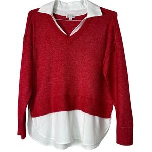 Wonderly‎ Red Sparkle Layered Sweater White Collared Shirt Top Women Size S